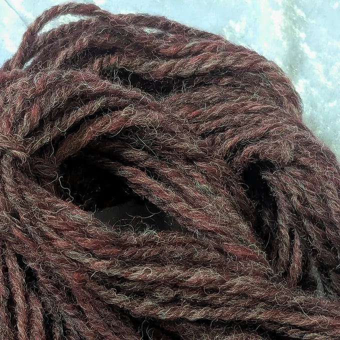 Close-up of a ball of brown yarn on a light background